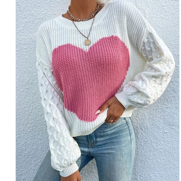 Cozy Heart Print Vday Valentine's Oversized Knit Sweater Top - Picture 3 of 5